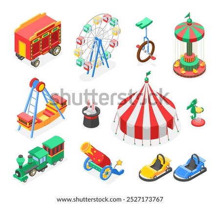 Isometric circus elements. Colorful amusement park icons, tent cars carousel bright children train. Magician cylinder with rabbit ears, flawless vector set