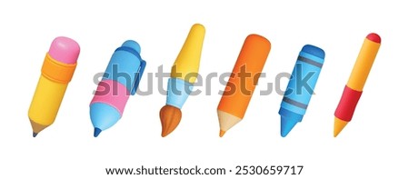 3d Stationery 3d icons. Yellow pencil pen blue crayon paintbrush stylus. Tools for drawing writing working with digital screen. Office school accessories realistic vector set