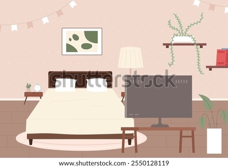 Cozy bedroom interior. Bed, shelves with plant and books, tv on table. Home design furniture and accessories. Cartoon room for sleep, vector illustration