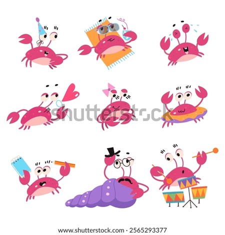 Cartoon crab. Funny crabs characters various emotions. Ocean sea animal different activities, rest with cocktail, play music, swimming, nowaday vector clipart