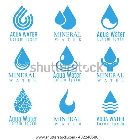 Blue water drop logos, icons vector set. Drop liquid logo and mineral water aqua drop illustration