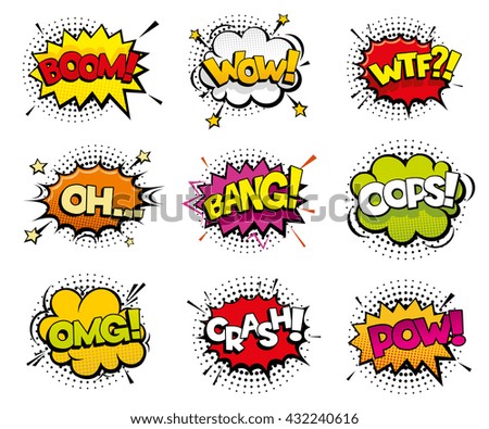 Comic sound effects in pop art vector style. Sound bubble speech with ...
