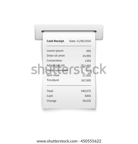 Sales printed receipt, shopping paper bill atm vector mockup. Paper check and financial check isolated