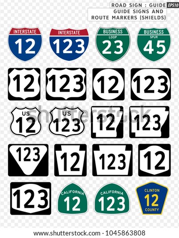 Road sign. Guide. Guide Signs and Route Markers (Shields).  Vector illustration on transparent background
