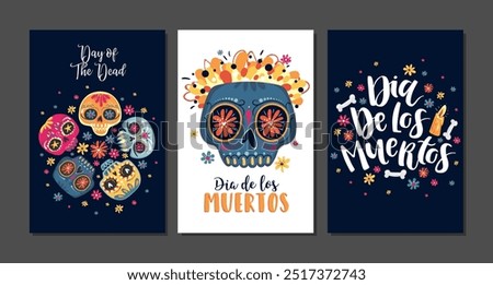 Dia de Los Muertos, Mexican Day of the Dead, set of greeting cards with hand drawn lettering, flowers, skulls on dark blue and white background