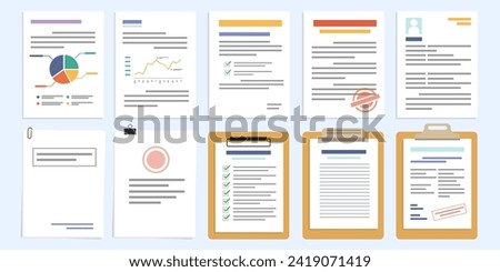 Set of paper and document, Checklist document, Document with paper clip, Document on paper holder and clipboard, flat design icon vector illustration.