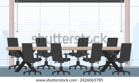 Office workplace for business conference, Meeting room concept with no people, Modern office interior with long table and city view, Office background illustration.