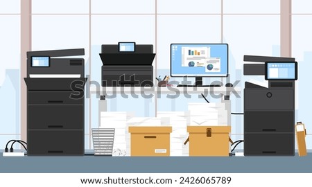 Office interior of printer room, Modern furniture, Printer and document scanner with pile of paper and computer, Copy document with multifunction printer and scanner in office place, Office background