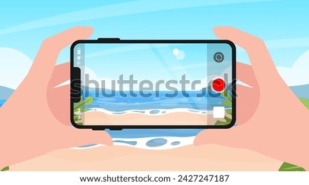 Hands holding and taking record on smartphone, Video camera mobile phone, Recording screen video capture by smartphone, Taking vdo on vacation, Summer beach view recoding.