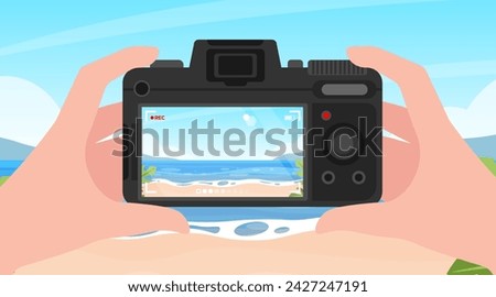 Hands holding and taking record on camera, Recording screen video by camera, Taking vdo on vacation, Summer beach view recoding.