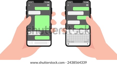 Left hand and right hand holding mobile chat screen flat design set isolated, Chat on smartphone screen. Hand holds smartphone, Instant messaging, texting messenger user interface concepts.