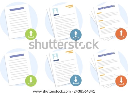 Document file download and upload with different style icon, Uploading office file flat icon, Downloading office file flat icon vector illustration.