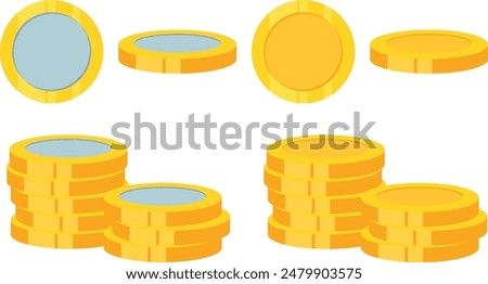 Flat cartoon gold and silver coins, Stack of golden coin set, Stack of silver coins set, Set of coin isolated.