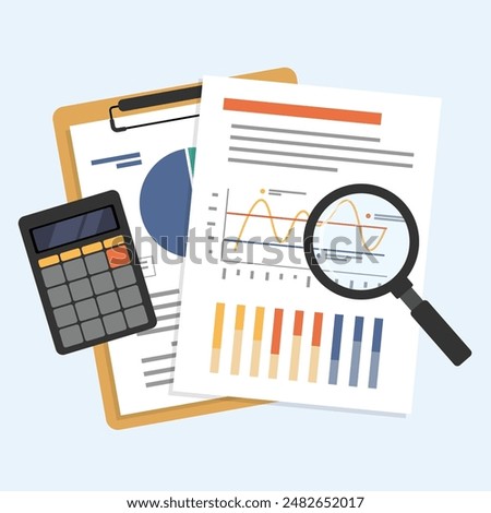 Business document data analysis with magnifying glass and calculator, Document on paper holder and clipboard, Auditing financial documents, flat vector illustration.