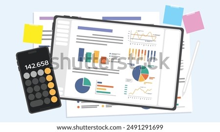 Data analysis with tablet and smartphone calculator app, Financial growth analysis concept, Statistics and graph on screen, Tablet with pen for drawing a data on screen.