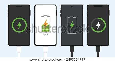 Smartphone with charging cable plug in and charging screen display interface in different flat styles.