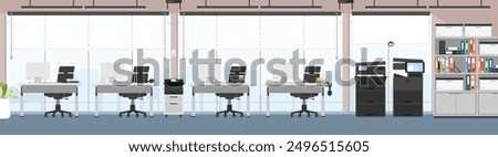 Modern office design, Empty working area with no people, Modern office interior, Skyscraper office with city view, Office interior horizontal background.