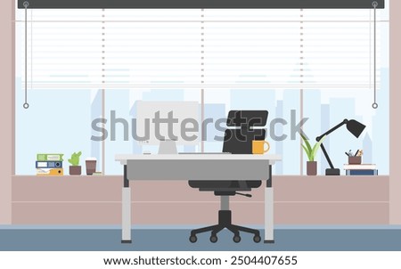 Working desk with computer for one people, Clean working space wide floor-to-ceiling window with city view, Office background with computer monitor and desk.