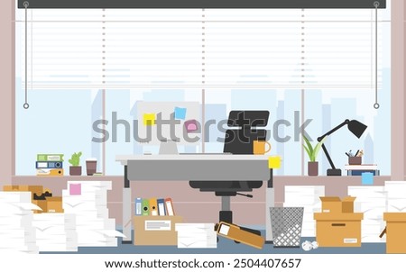 Chaos and mess working desk room for one people, Office background wide floor-to-ceiling window with city view,  Working space with a lot of documents piles and paper file binder.