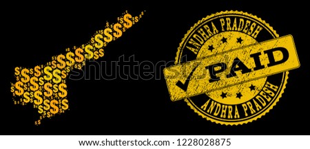 Golden composition of dollar mosaic map of Andhra Pradesh State and paid grunge seal stamp. Vector seal with grunge rubber texture and PAID caption.