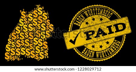 Golden composition of dollar mosaic map of Baden-Wurttemberg State and paid corroded seal stamp. Vector imprint with corroded rubber texture and PAID caption.