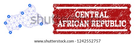 Air ticket composition of polygonal mesh map of Central African Republic and grunge stamp seal. Vector red seal with grunge rubber texture for airtickets. Abstract blue mesh lines,
