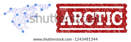 Air ticket composition of polygonal mesh map of North America and Greenland and rubber seal. Vector red seal with distress rubber texture for airtickets. Abstract blue mesh lines,