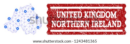 Air ticket composition of polygonal mesh map of Northern Ireland and scratched seal. Vector red seal with scratched rubber texture for airtickets. Abstract blue mesh lines,