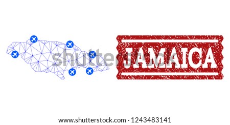 Air ticket collage of polygonal mesh map of Jamaica and scratched stamp seal. Vector red seal with unclean rubber texture for airtickets. Abstract blue mesh lines,