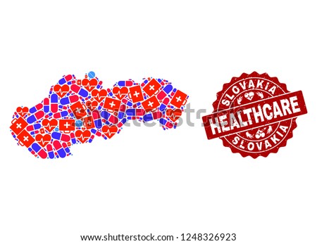 Healthcare composition of bright medical mosaic map of Slovakia and rubber seal. Vector red seal with corroded rubber texture and Healthcare caption.