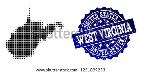 Geographic collage of dot map of West Virginia State and blue grunge seal watermark. Halftone vector map of West Virginia State created with square dots. Flat design for political posters.