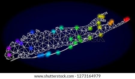 Mesh vector map of Long Island with glare effect. Light spots have bright rainbow colors. Abstract lines, triangles, light spots and points on a dark background with map of Long Island.