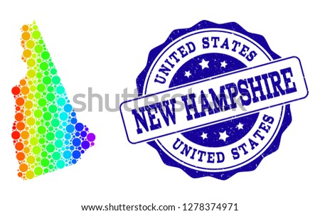 Dotted rainbow map of New Hampshire State and blue grunge round stamp seal. Vector geographic map in bright rainbow gradient colors on a white background.