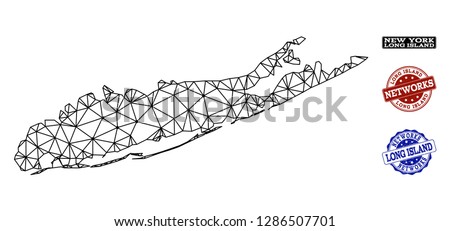 Black mesh vector map of Long Island isolated on a white background and rubber watermarks for networks. Abstract lines, dots and triangles forms map of Long Island.