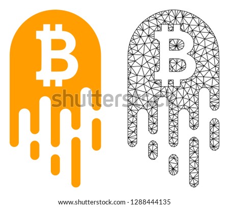 Polygonal mesh melting bitcoin and flat icon are isolated on a white background. Abstract black mesh lines, triangles and nodes forms melting bitcoin icon.
