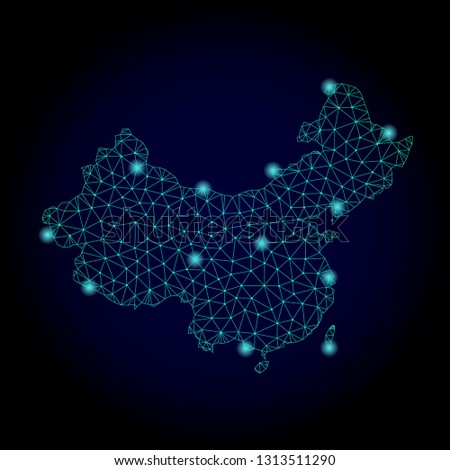 Glossy polygonal mesh map of China. Abstract mesh lines, triangles, light spots and points on dark background with map of China.