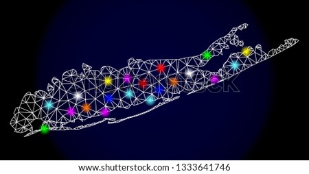 Mesh vector map of Long Island with glare effect on a dark background. Abstract lines, triangles, light colorful spots and points forms map of Long Island.