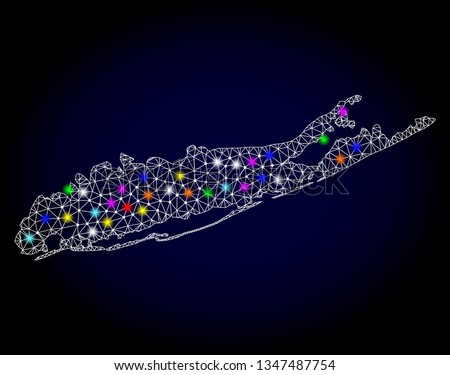 Polygonal vector map of Long Island with glow effect on a black background. Abstract triangles, lines, light colorful spots, nodes forms map of Long Island. White mesh,