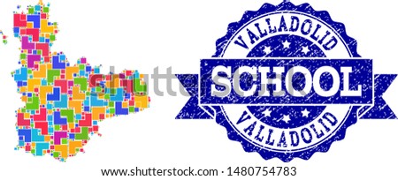 Mosaic puzzle map of Valladolid Province and grunge school seal with ribbon. Vector map of Valladolid Province constructed with bright colored square and corner blocks.