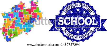 Mosaic puzzle map of North Rhine-Westphalia State and corroded school seal with ribbon. Vector map of North Rhine-Westphalia State designed with colorful square and corner elements.