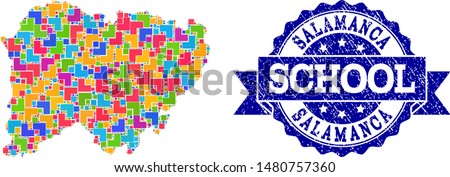 Mosaic puzzle map of Salamanca Province and rubber school seal with ribbon. Vector map of Salamanca Province designed with colorful square and corner blocks. Vector seal with unclean rubber texture,