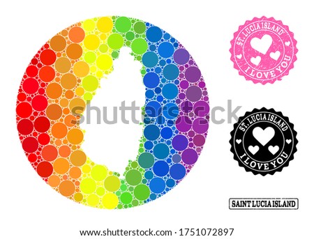 Vector mosaic LGBT map of Saint Lucia Island with round spots, and Love grunge seal. Hole round map of Saint Lucia Island collage designed with circles in variable sizes,