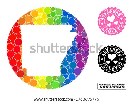 Vector mosaic LGBT map of Arkansas State with round spots, and Love grunge seal. Subtraction round map of Arkansas State collage designed with circles in various sizes,