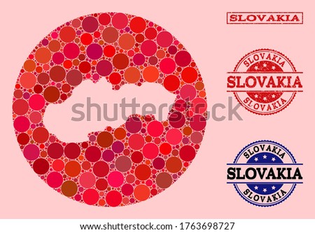 Vector map of Slovakia collage of spheric elements and red grunge stamp. Subtraction circle map of Slovakia collage composed with circles in variable sizes, and red color tinges.