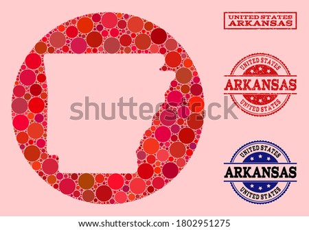 Vector map of Arkansas State collage of circle elements and red rubber seal. Hole round map of Arkansas State collage formed with circles in variable sizes, and red color hues.