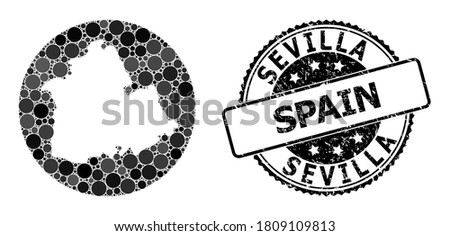 Vector mosaic map of Sevilla Province with round items, and gray scratched stamp. Subtraction circle map of Sevilla Province collage created with circles in various sizes, and dark gray color tinges.