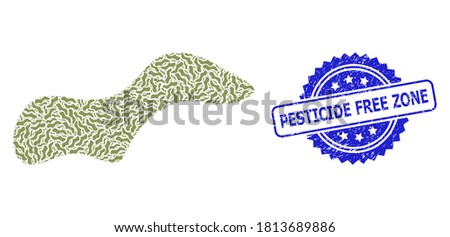 Pesticide Free Zone textured stamp seal and vector recursive mosaic spot. Blue stamp includes Pesticide Free Zone text inside rosette. Vector mosaic is created with recursive rotated spot items.