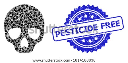 Pesticide Free unclean stamp seal and vector recursion collage skull. Blue stamp seal contains Pesticide Free caption inside rosette. Vector collage is constructed from recursive rotated skull items.