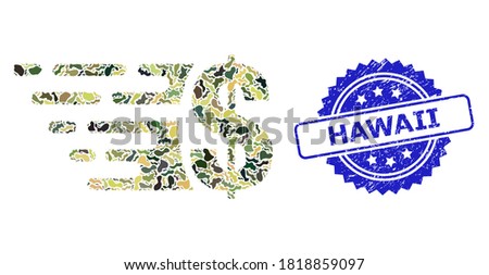 Military camouflage collage of dollar, and Hawaii textured rosette seal print. Blue seal has Hawaii tag inside rosette. Mosaic dollar constructed with camouflage texture.