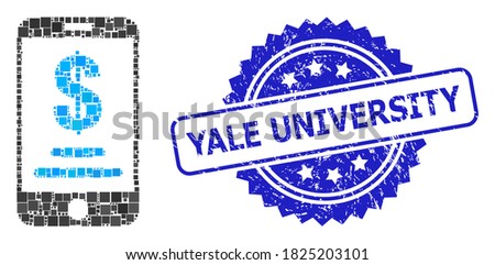 Vector collage mobile dollar account, and Yale University unclean rosette seal imitation. Blue seal has Yale University text inside rosette.